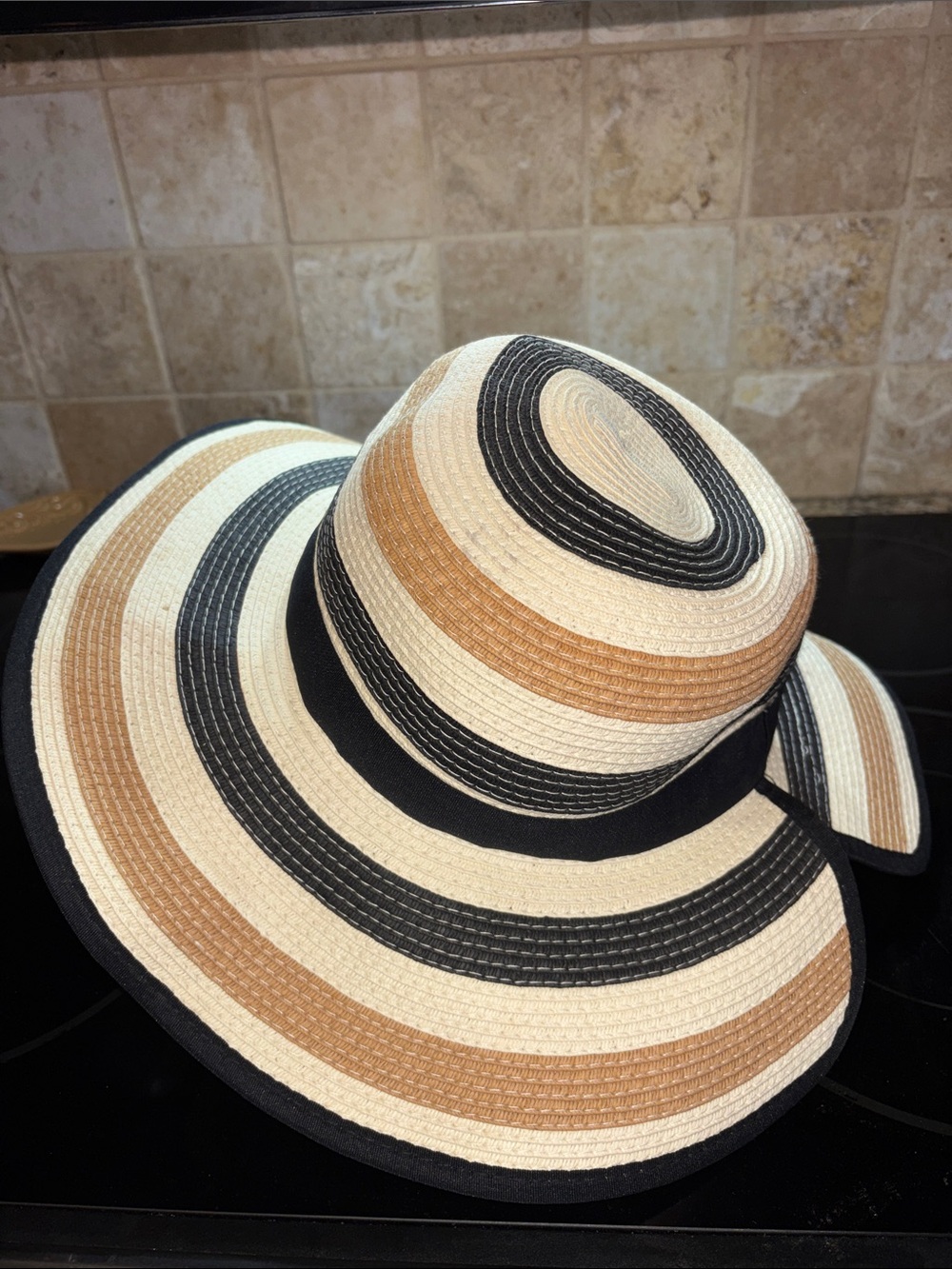 Lake Shore Diva Striped Large Floppy Sun Hat Black Tan Beach Ready